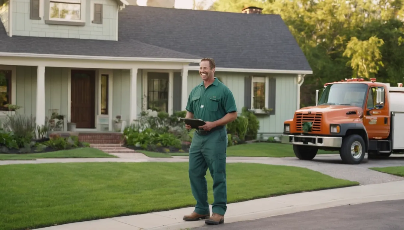 A friendly provider talking with a homeowner beside a yard in Akron