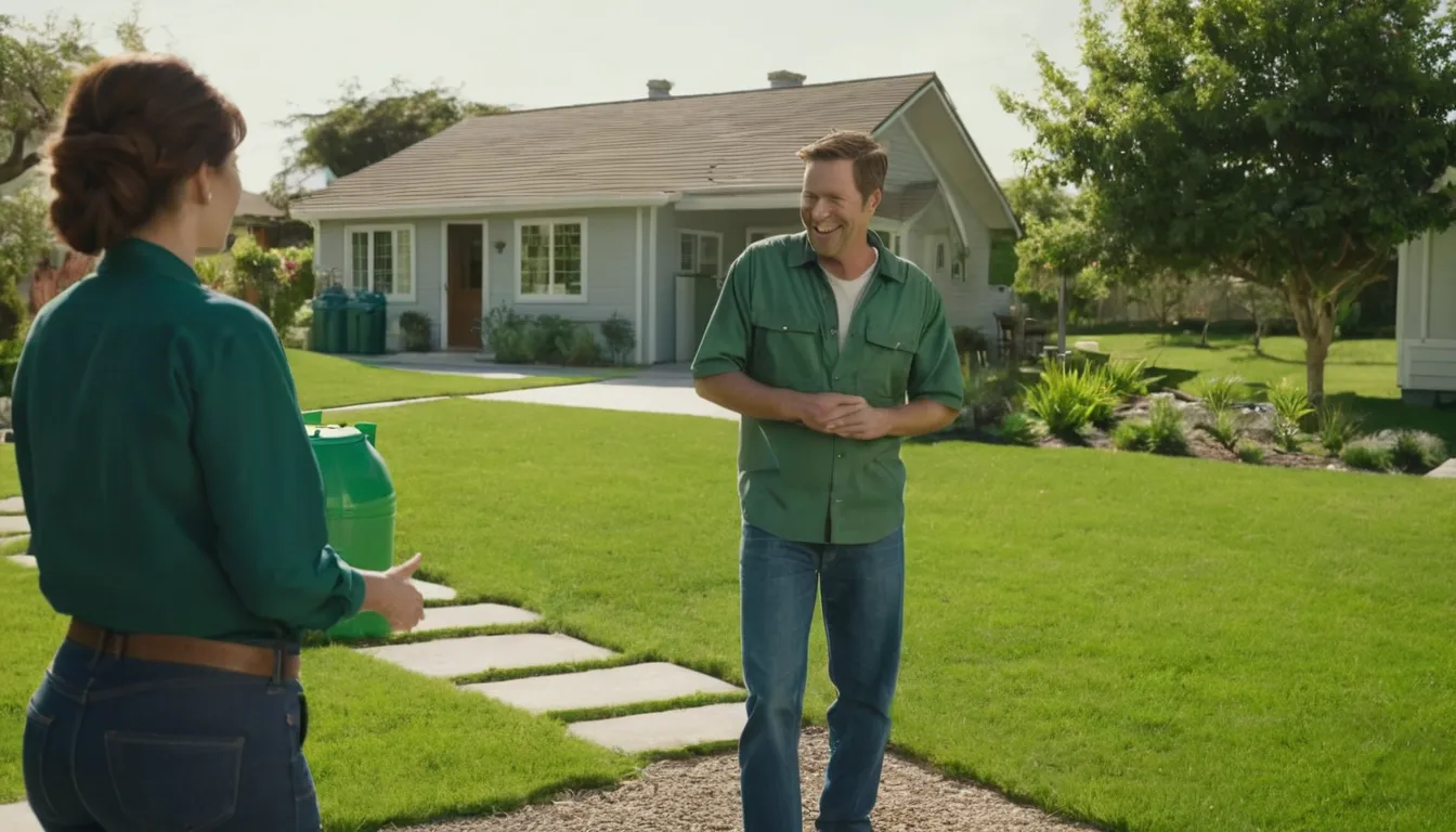 Friendly septic provider and a homeowner reviewing a yard near a tank access lid in the Akron area